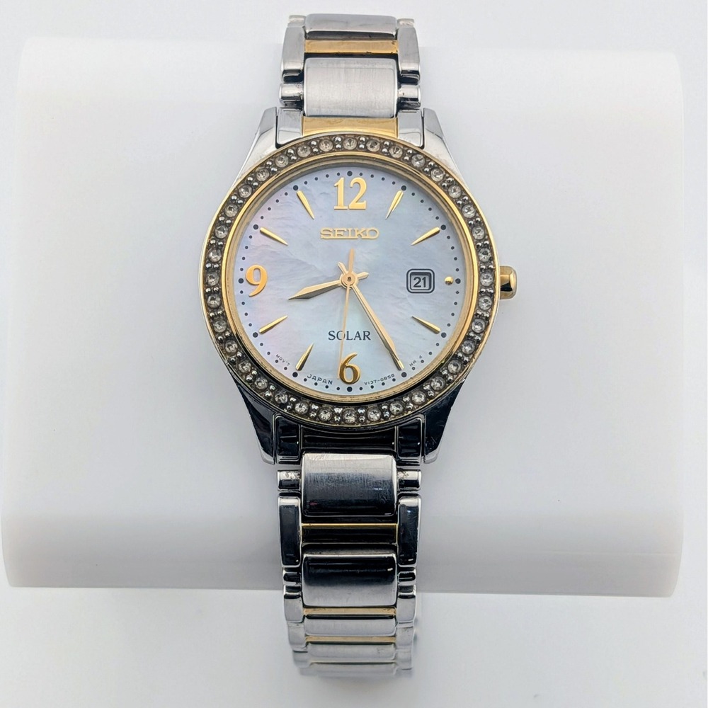 Seiko Solar V137-0AA0 Swarovski MOP Two-Tone Women's Watch 29mm 7.25"